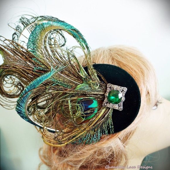 New Green Velvet Peacock Feather Emerald Fascinator - Picture 2 of 7